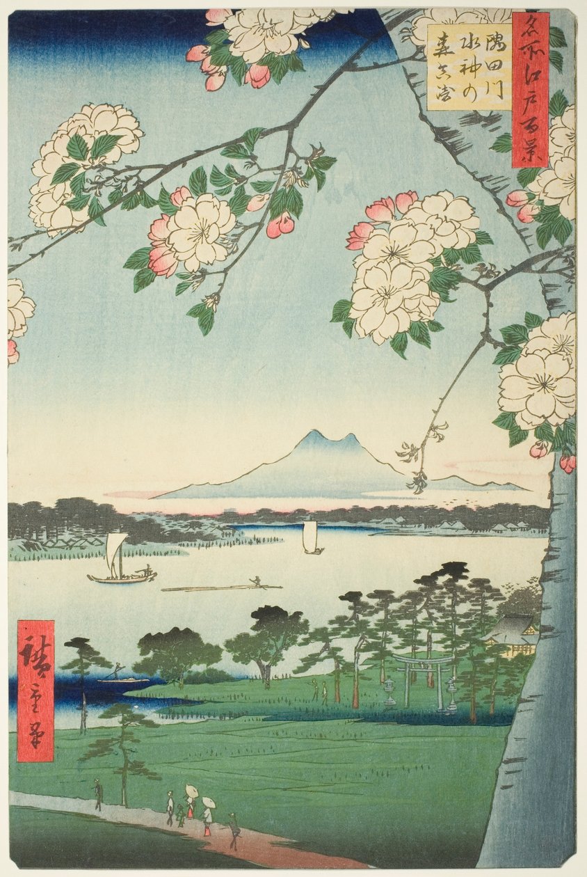 Suijin Shrine draft d first sound te sumida rive r (sumida river suijin no mori first), från seriens ``Ridge d red fa net s views f edo (etthundra vyer av Edo)