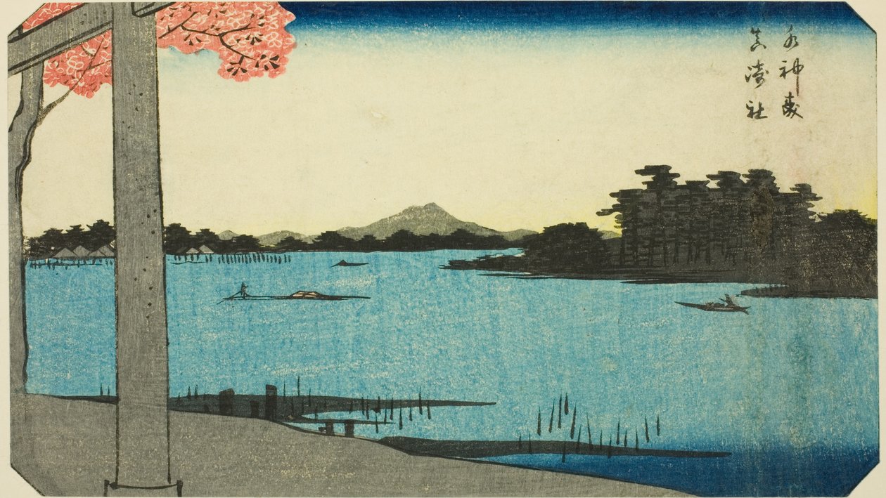 Suijin Woods and the Shrine at Massaki (Suijin no mori, Massaki yashiro), avsnitt av ett ark från serien "Utklippta bilder av berömda platser i Edo (Edo meisho harimaze zue)" av Utagawa Hiroshige