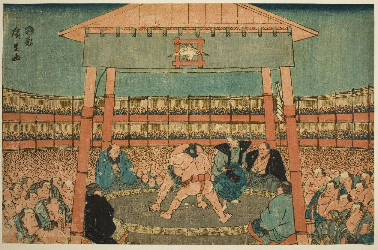 Sumo Match in the Precints of the Ekoin Temple (Ekoin keidai sumo no zu), från serien "Ryogoku in the Eastern Capital (Toto Ryogoku)" av Utagawa Hiroshige