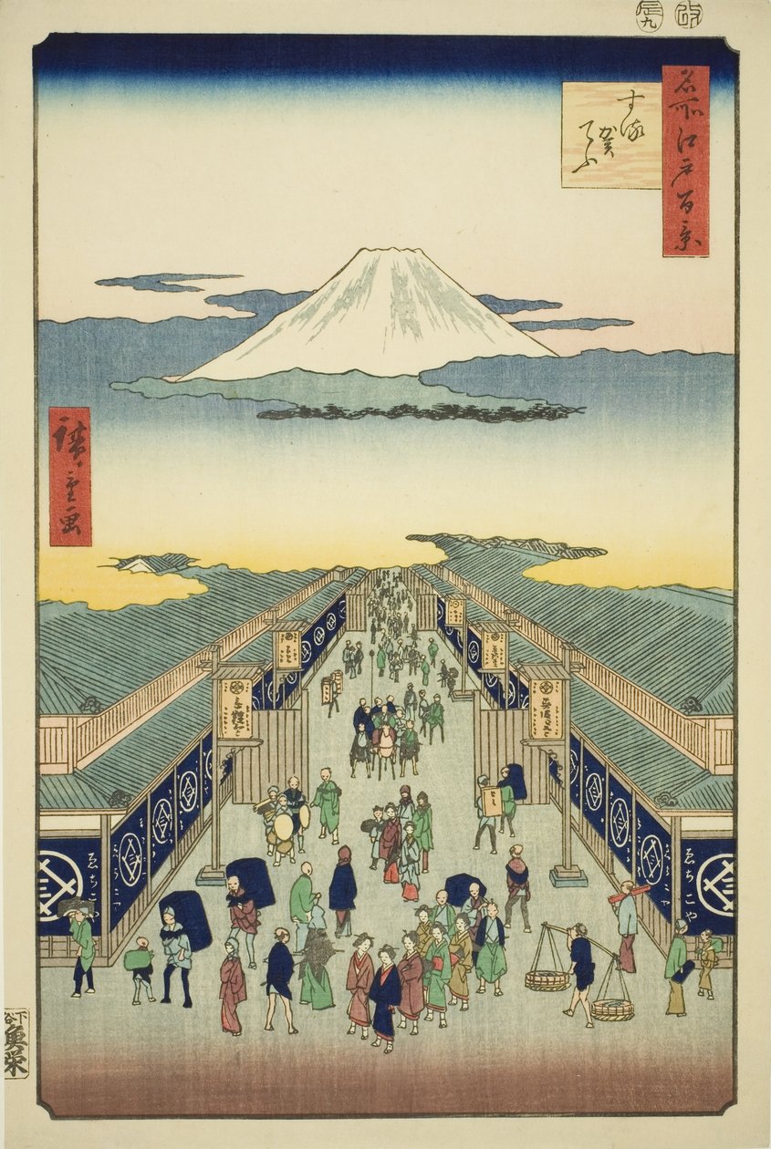 Skrivet av Suruga, från serien "Ridge dre d fa net s view ws of Edo (One Hundred Famous Views of Edo)" av Utagawa Hiroshige