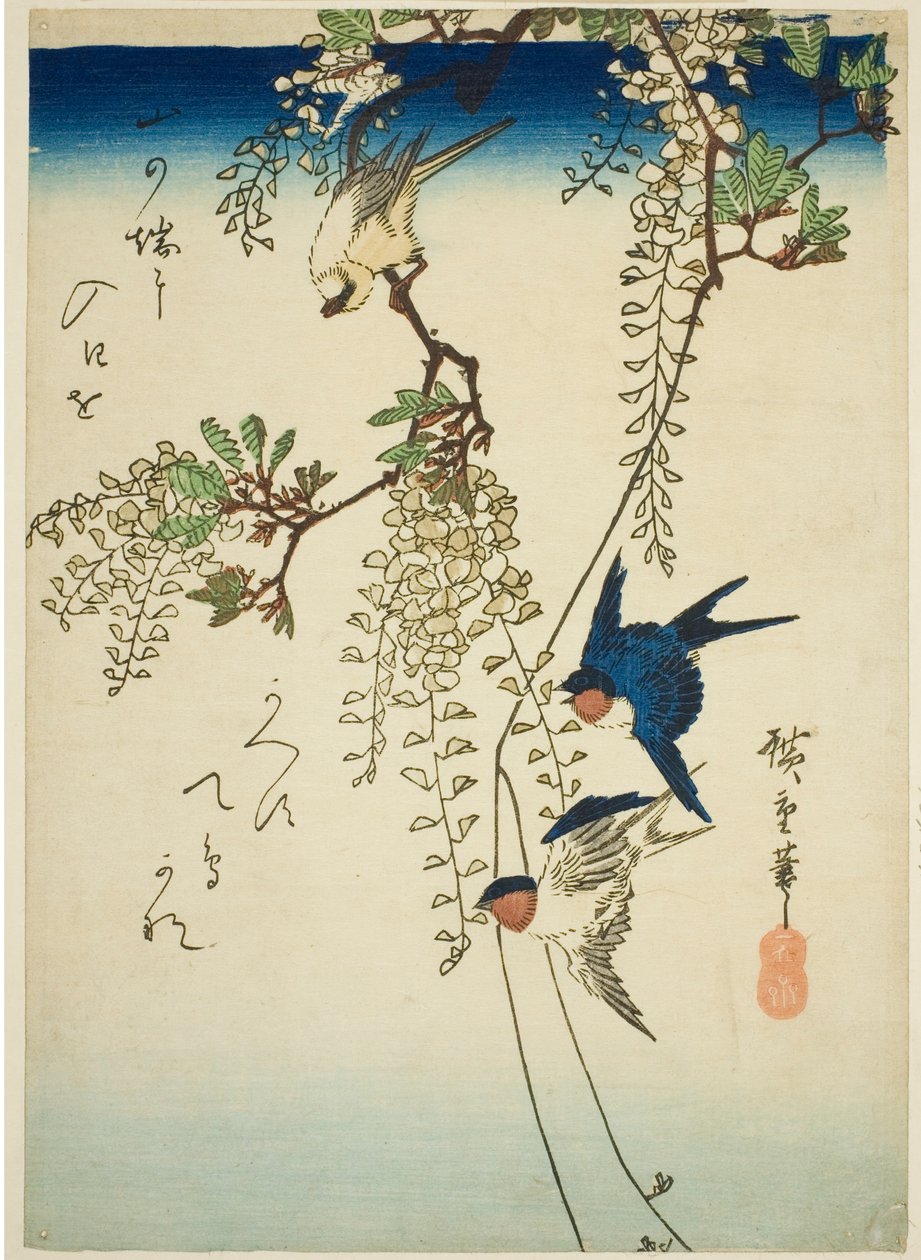 Svala, gul fågel och blåregn av Utagawa Hiroshige