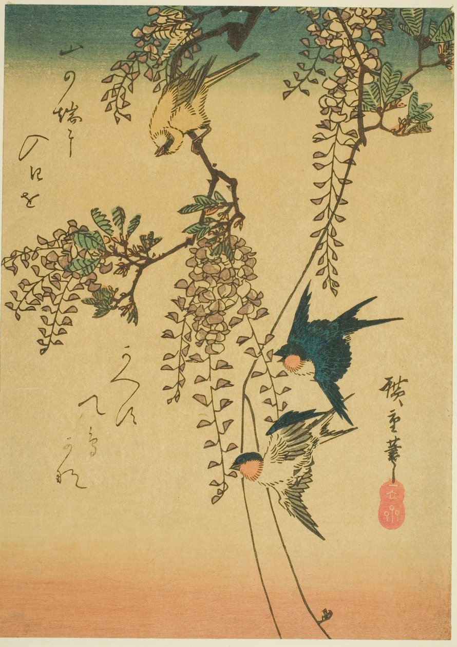 Svala, gul fågel och blåregn av Utagawa Hiroshige