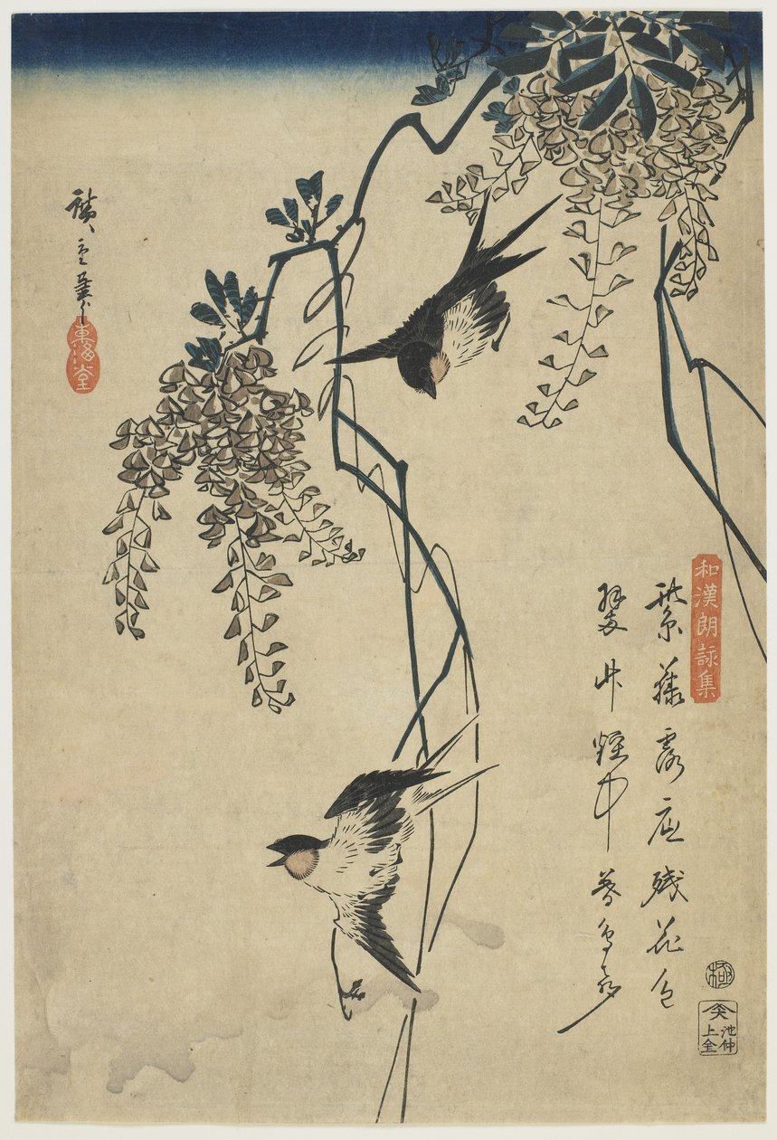 Svalor som flyger genom blåsippor, 1837-44 (färgtryck) av Utagawa Hiroshige