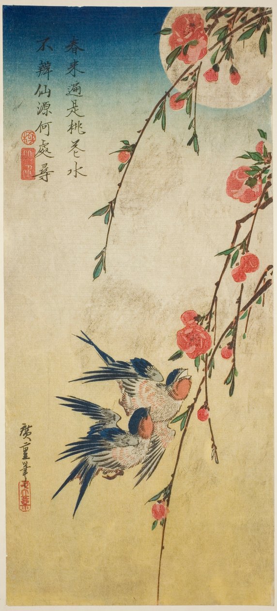 Svalor, pleachblommor och fullmåne av Utagawa Hiroshige