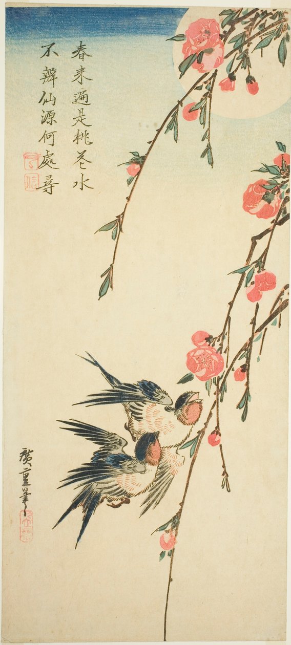 Svalor, pleachblommor och fullmåne av Utagawa Hiroshige