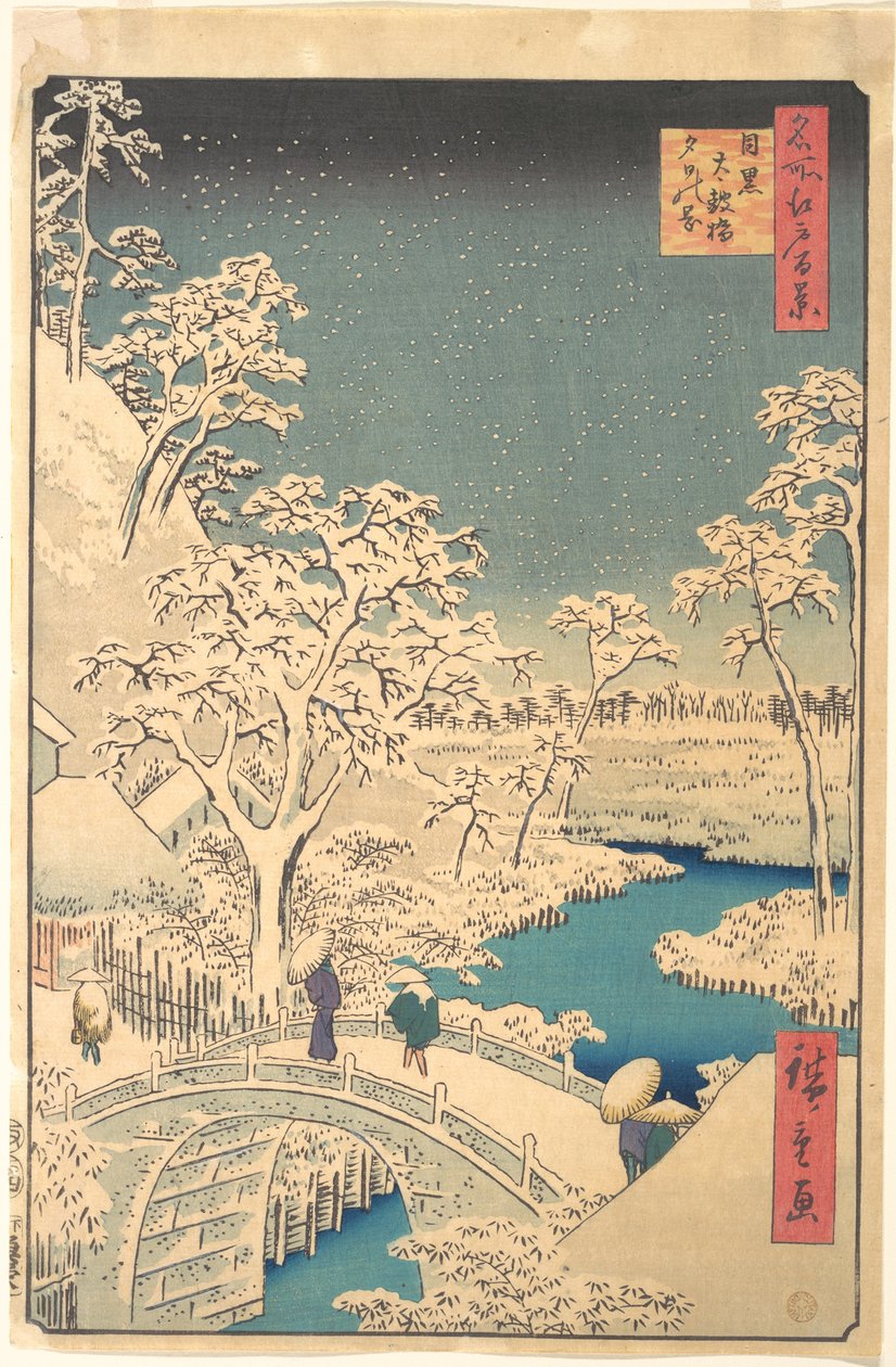 Taiko-bron, Meguro, en snöig kväll av Utagawa Hiroshige