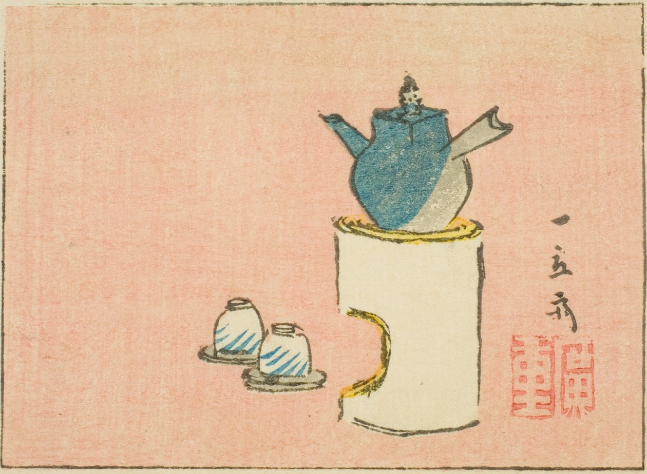 Tekanna och koppar, sektion av ett ark från en serie namnlösa harimaze-tryck av Utagawa Hiroshige