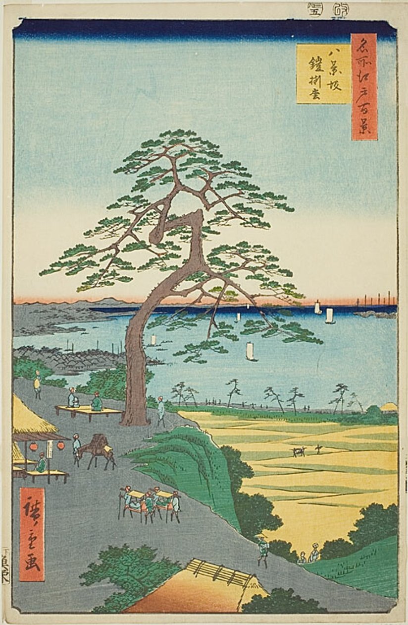 Den pansarhängande tallen vid Hakkeizaka (Hakkeizaka Yoroikakematsu), nr 26 från serien "Hundra berömda vyer av Edo (Meisho Edo hyakkei)" av Utagawa Hiroshige