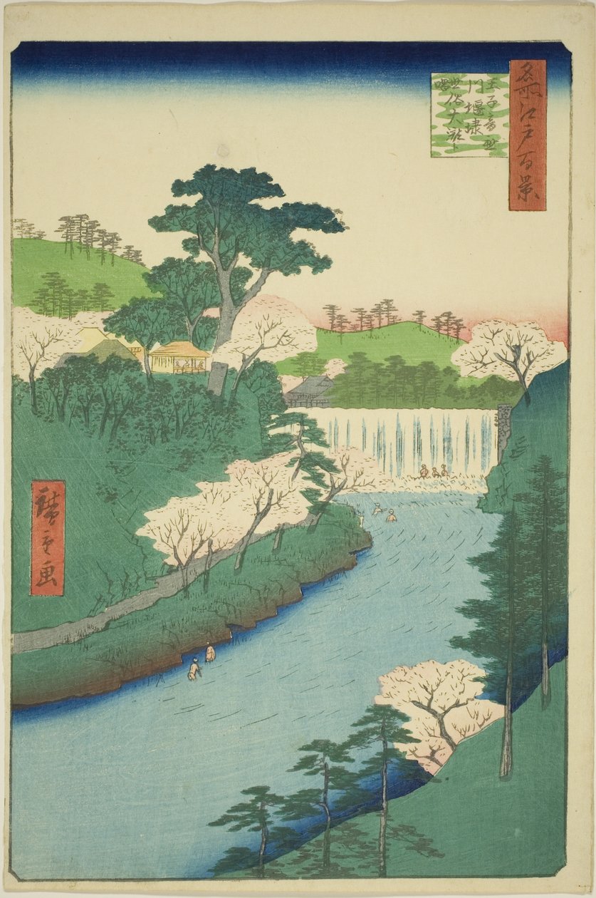 Dammen vid Otonashi-floden vid Oji, vanligen kallad "Det stora vattenfallet" (Oji Otonashigawa entai, sezoku Otaki till tonau), från serien "Hundra berömda vyer av Edo (Meisho Edo hyakkei)" av Utagawa Hiroshige
