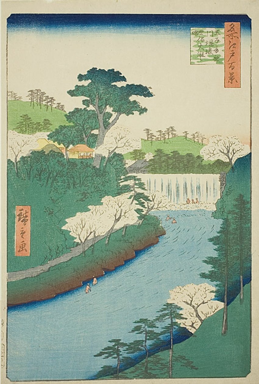 Dammen vid floden Otonashi i Oji, allmänt kallad "Det stora vattenfallet" (Oji Otonashigawa entai, sezoku Otaki to tonau), nr 19 från serien "Hundra berömda vyer över Edo (Meisho Edo hyakkei)" av Utagawa Hiroshige
