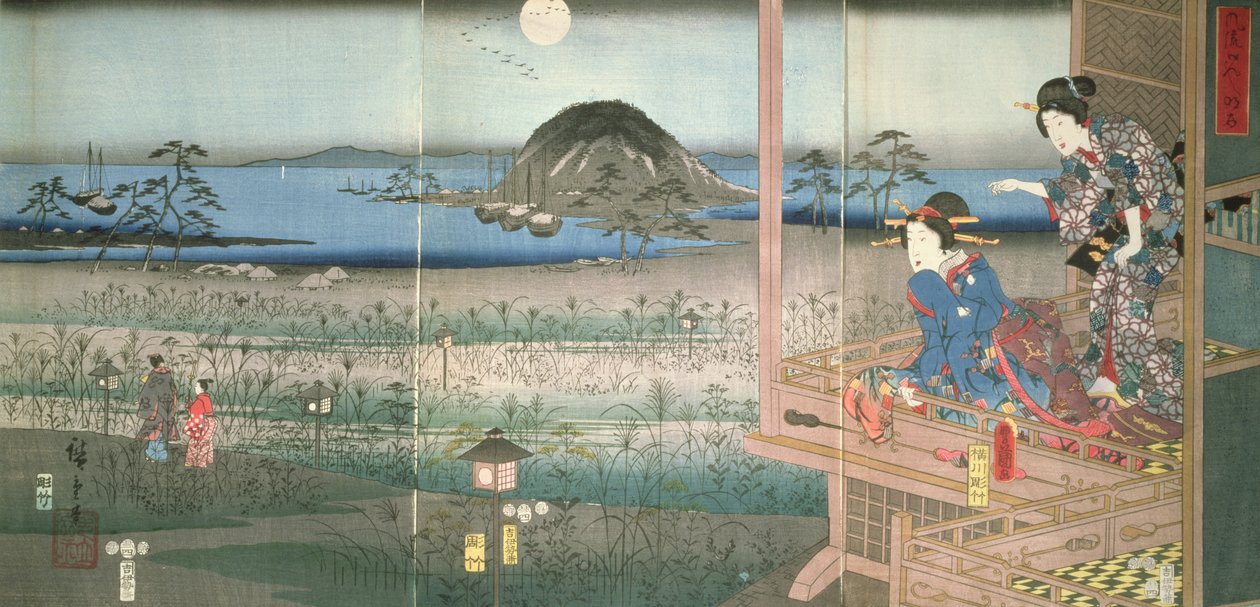Lady Fujitsubo tittar på prins Genji som går i månskenet, 1853, (färgsnitt) av Utagawa Hiroshige