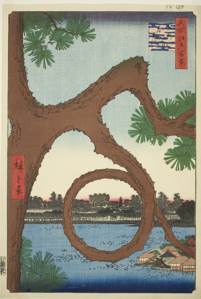 The Moon Pine on the Temple Grounds at Ueno (Ueno sannai Tsuki no matsu), från serien "One Hundred Famous Views of Edo (Meisho Edo hyakkei)" av Utagawa Hiroshige
