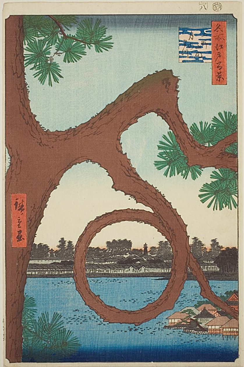Måntall på tempelområdet vid Ueno (Ueno sannai Tsuki no matsu), från serien "Hundra berömda vyer över Edo (Meisho Edo hyakkei)" av Utagawa Hiroshige