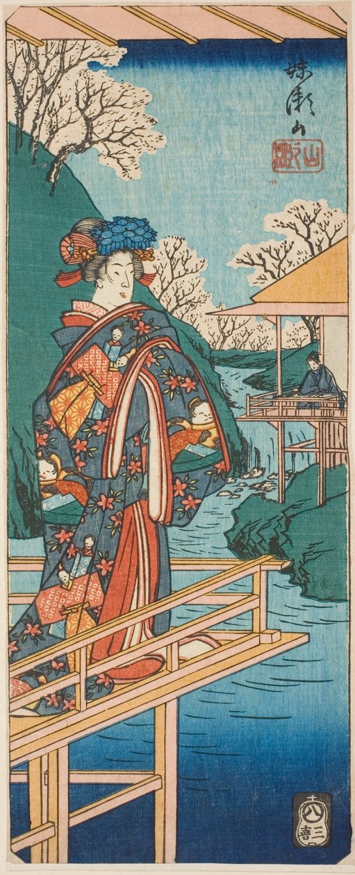 Bergsscenen från pjäsen Imoseyama (Imoseyama, yama no dan), avsnitt av ett ark från serien "Reflections of Dramas in Cutouts (Harimaze joruri kagami)" av Utagawa Hiroshige
