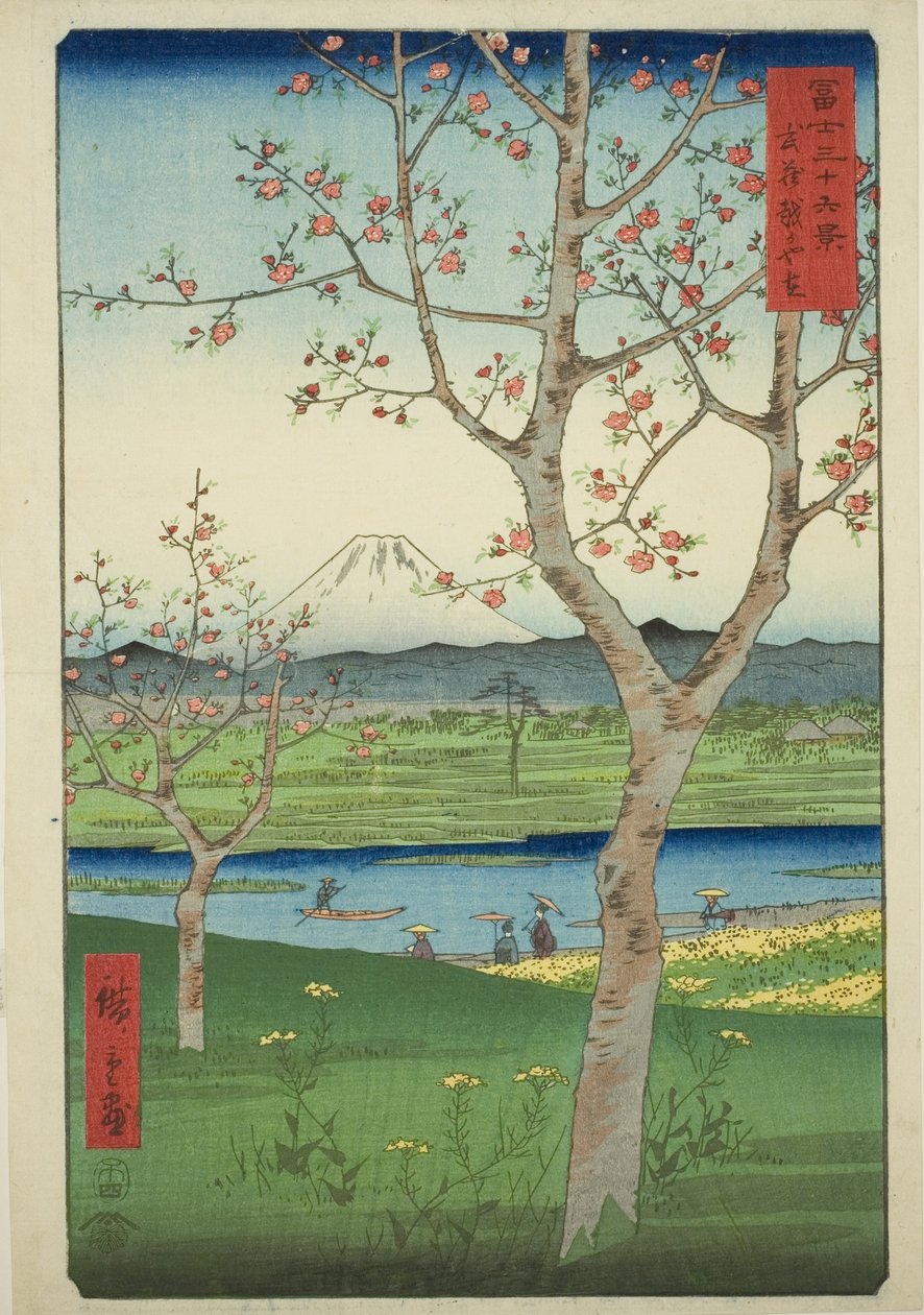 The Outskirts of Koshigaya in Musashi Province (Musashi Koshigaya zai), från serien "Thirty-six Views of Mount Fuji (Fuji sanjurokkei)" av Utagawa Hiroshige