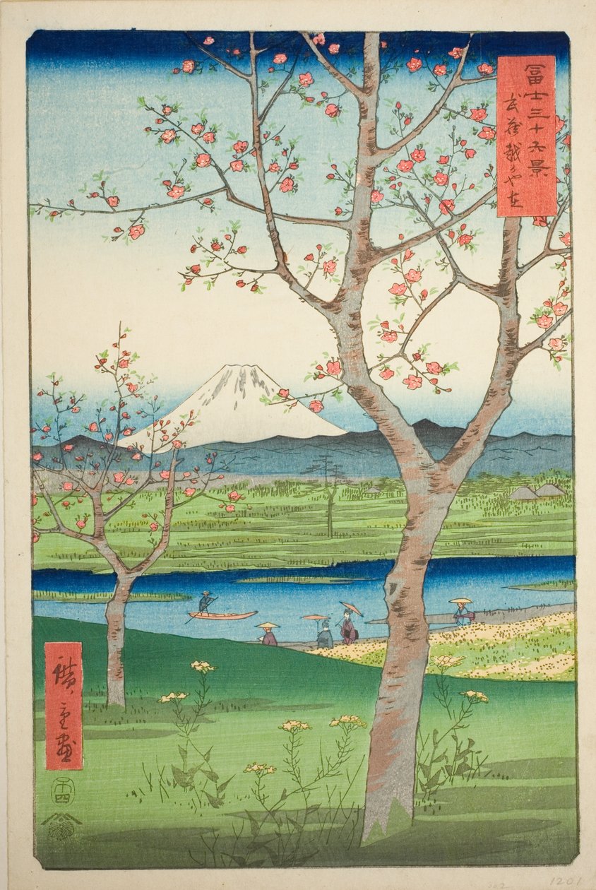 The Outskirts of Koshigaya in Musashi Province (Musashi Koshigaya zai), från serien "Thirty-six Views of Mount Fuji (Fuji sanjurokkei)" av Utagawa Hiroshige