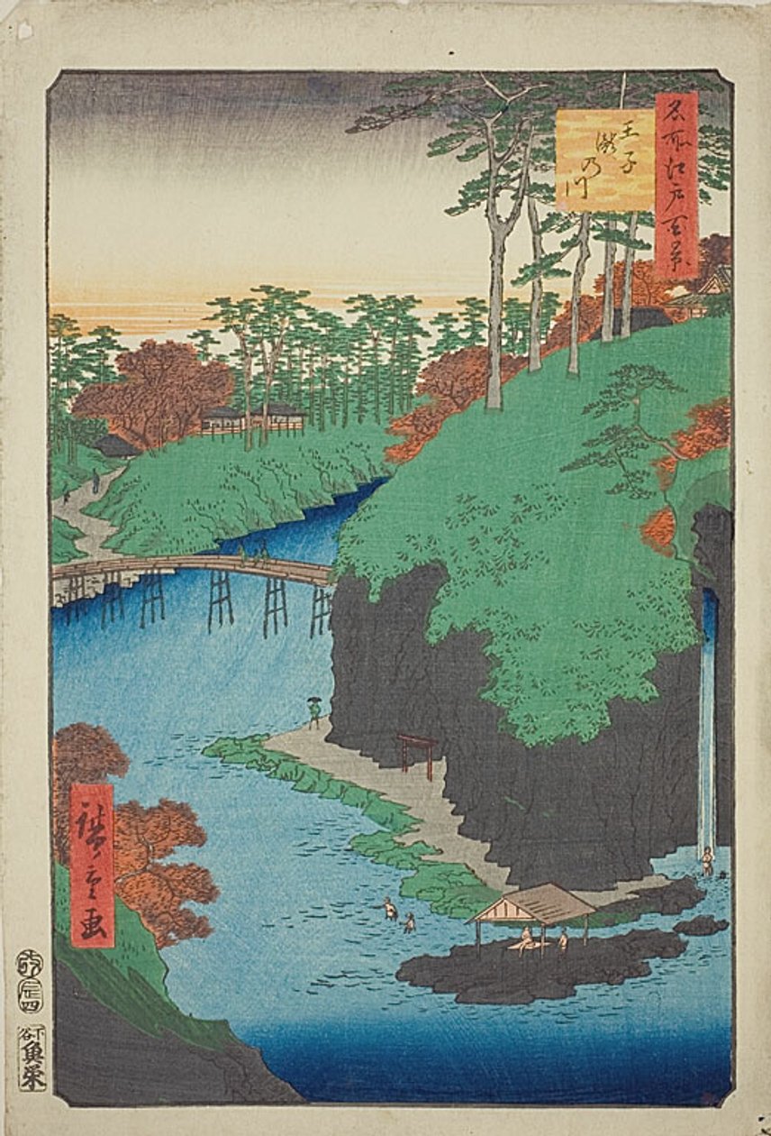 Floden med vattenfall vid Oji (Oji Takinogawa), nr 88 från serien "Hundra berömda vyer av Edo (Meisho Edo hyakkei)" av Utagawa Hiroshige