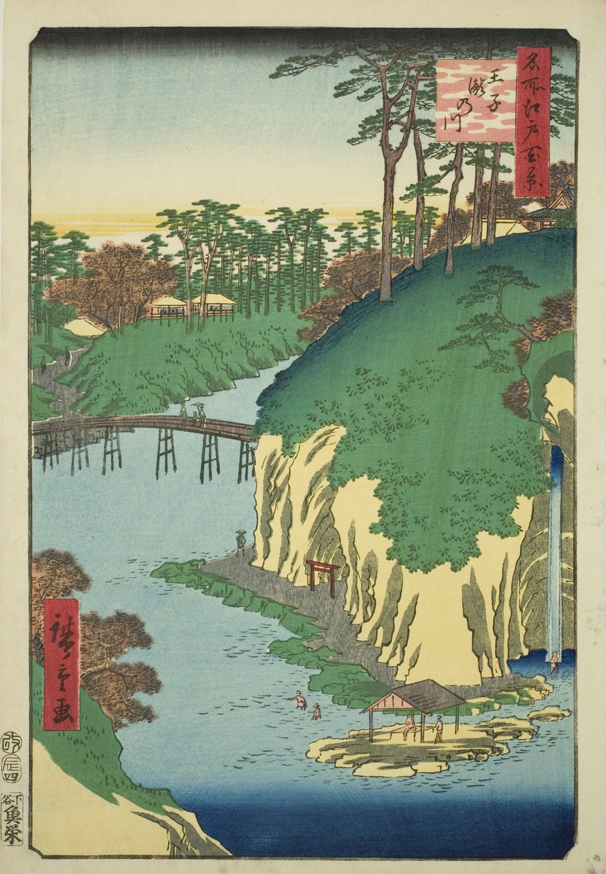 The River of Waterfalls at Oji (Oji Takinogawa), från serien "One Hundred Famous Views of Edo (Meisho Edo hyakkei)" av Utagawa Hiroshige