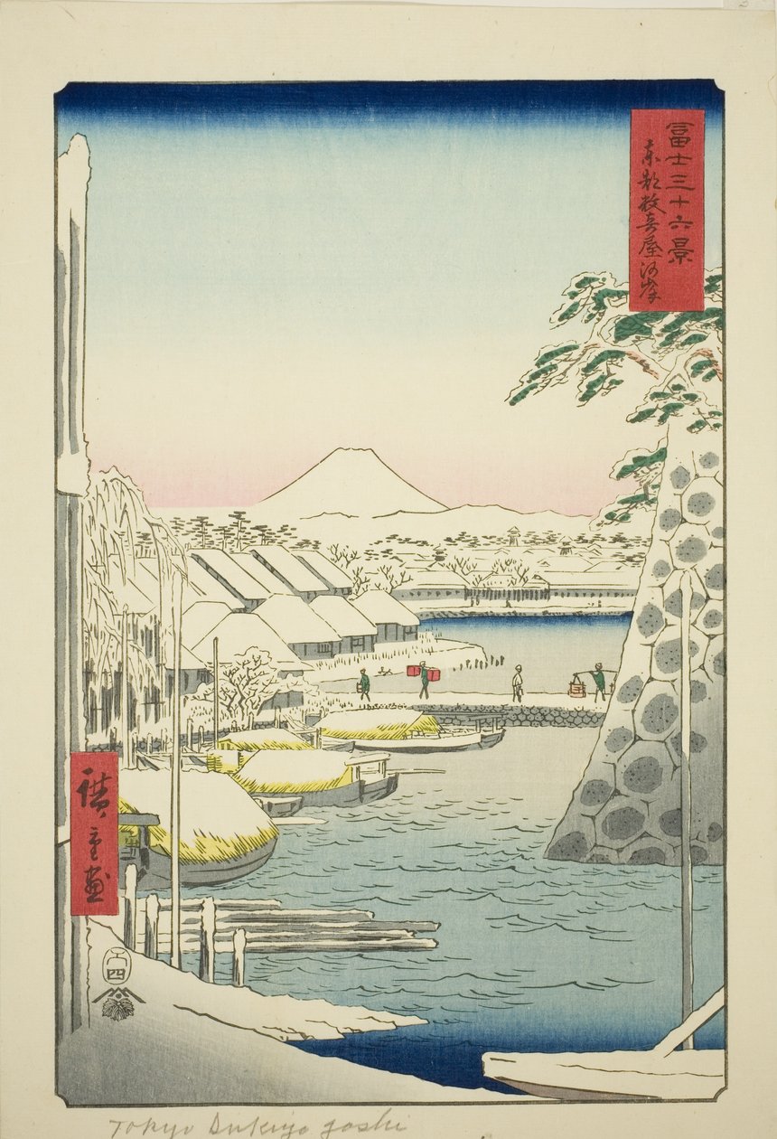 Flodstranden vid Sukiya i den östra huvudstaden (Toto Sukiyagashi), från serien "Trettiosex utsikter över berget Fuji (Fuji sanjurokkei)" av Utagawa Hiroshige