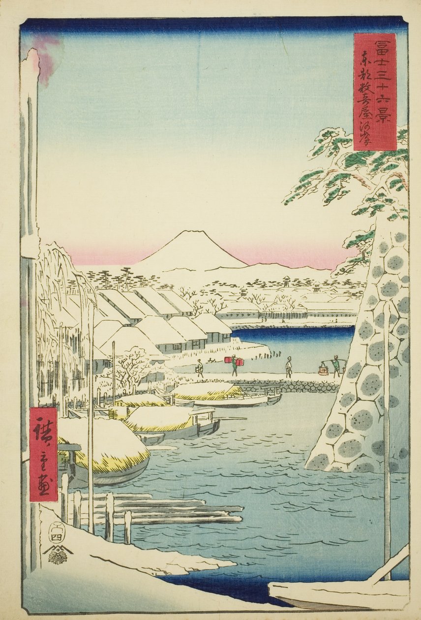 Flodstranden vid Sukiya i den östra huvudstaden (Toto Sukiyagashi), från serien "Trettiosex utsikter över berget Fuji (Fuji sanjurokkei)" av Utagawa Hiroshige