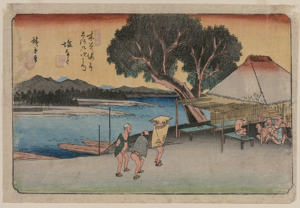 De sextio nio stationerna på Kiso Highway: Shionata av Utagawa Hiroshige