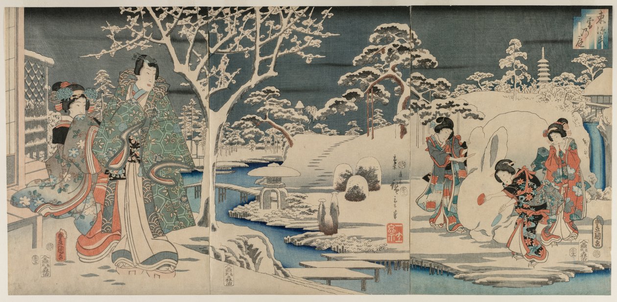 Den snöiga trädgården, 1854. av Utagawa Hiroshige