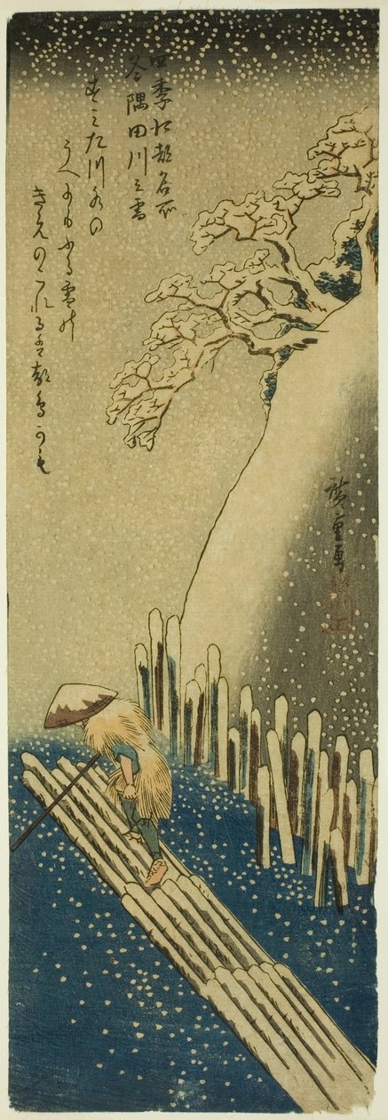The Sumida River in Winter Snow (Fuyu Sumidagawa no yuki), från serien "Famous Places in Edo in the Four Seasons (Shiki Koto meisho)" av Utagawa Hiroshige