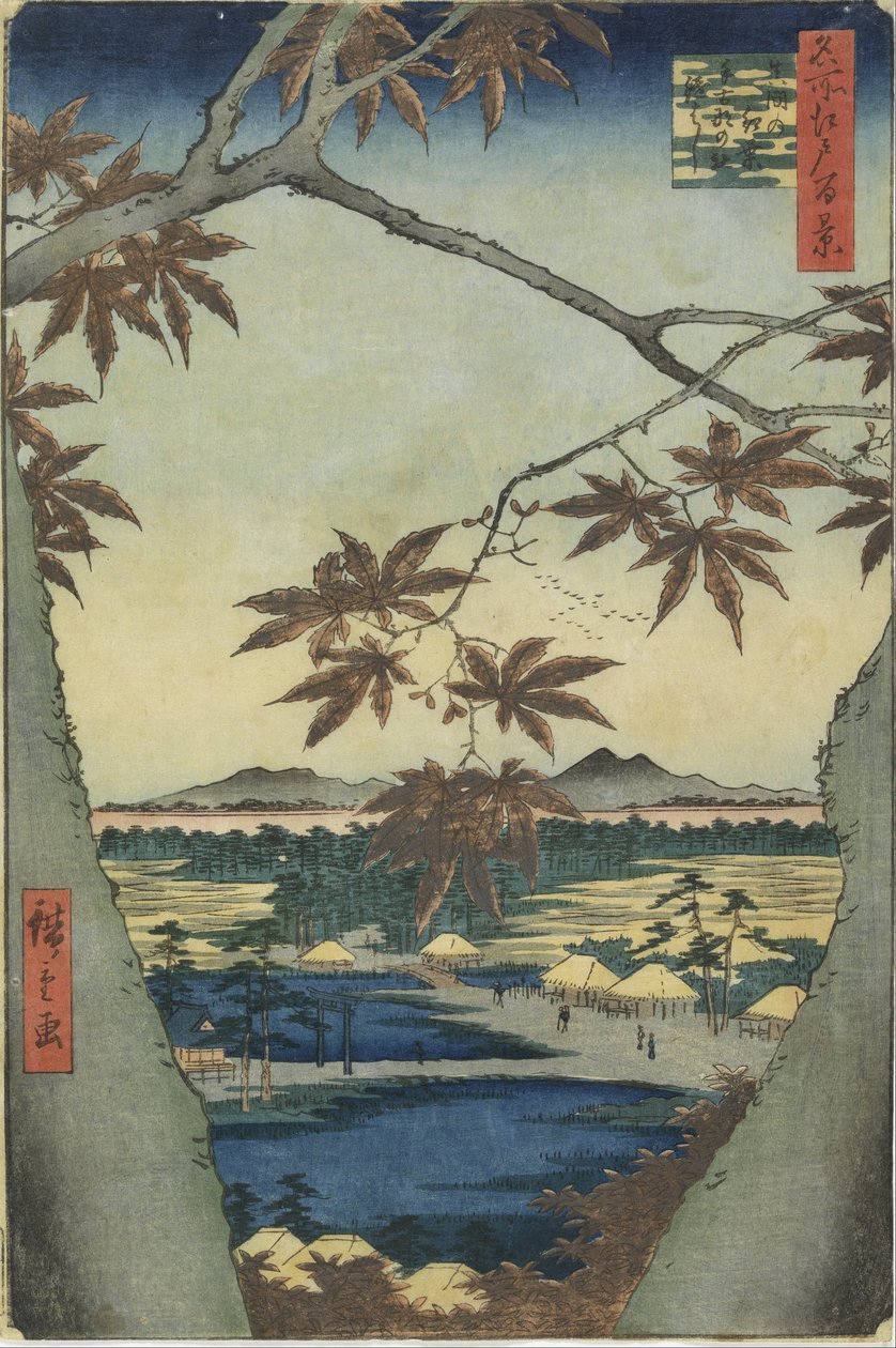 Lönnlöven från Mama, Tekona-helgedomen och Tsugi-bron av Utagawa Hiroshige