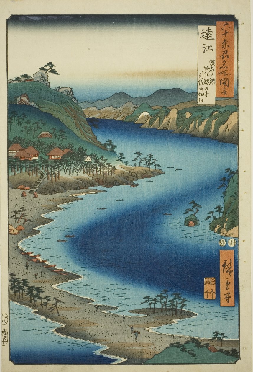 Totomi-provinsen: The Narrow Inlet of Inasa nära Kanzan-templet vid Hamana Lake vid Horie (Totomi, Hamana no umi, Horie Kanzanji, Inasa no hosoe), från serien "Famous Places in the Sexty-odd Provinces (Rokujuyoshu meisho zue)" av Utagawa Hiroshige