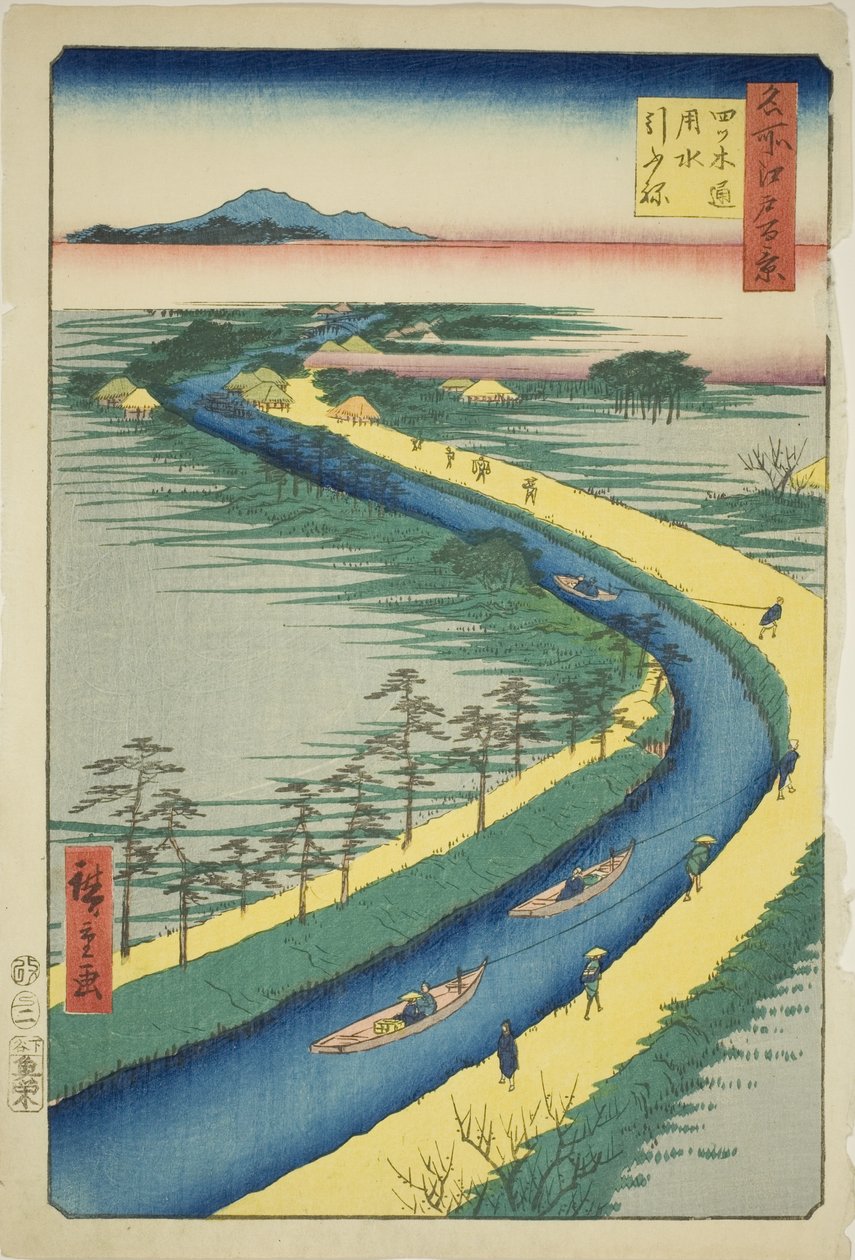 and w boa ts aong the succession kana l (yotsugidori yosui bogserbåt), från serien "Ridge dre d fa net s views of Edo (berömd plats 100 views of Edo)" av Utagawa Hiroshige