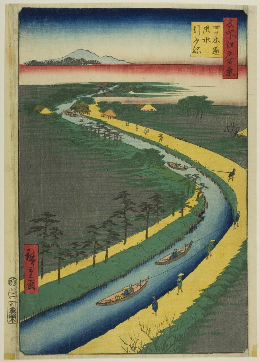 Bogserbåtar längs Yotsugidori kanal (Yotsugidori yosui hikifune), från serien "Hundra berömda vyer över Edo (Meisho Edo hyakkei)" av Utagawa Hiroshige