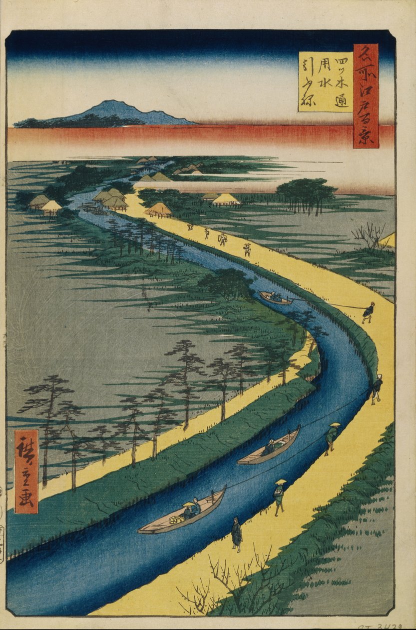 Bogserbåtar på Yotsugi dori-kanalen Hundra berömda utsikter över Edo, 1856-1858 av Utagawa Hiroshige