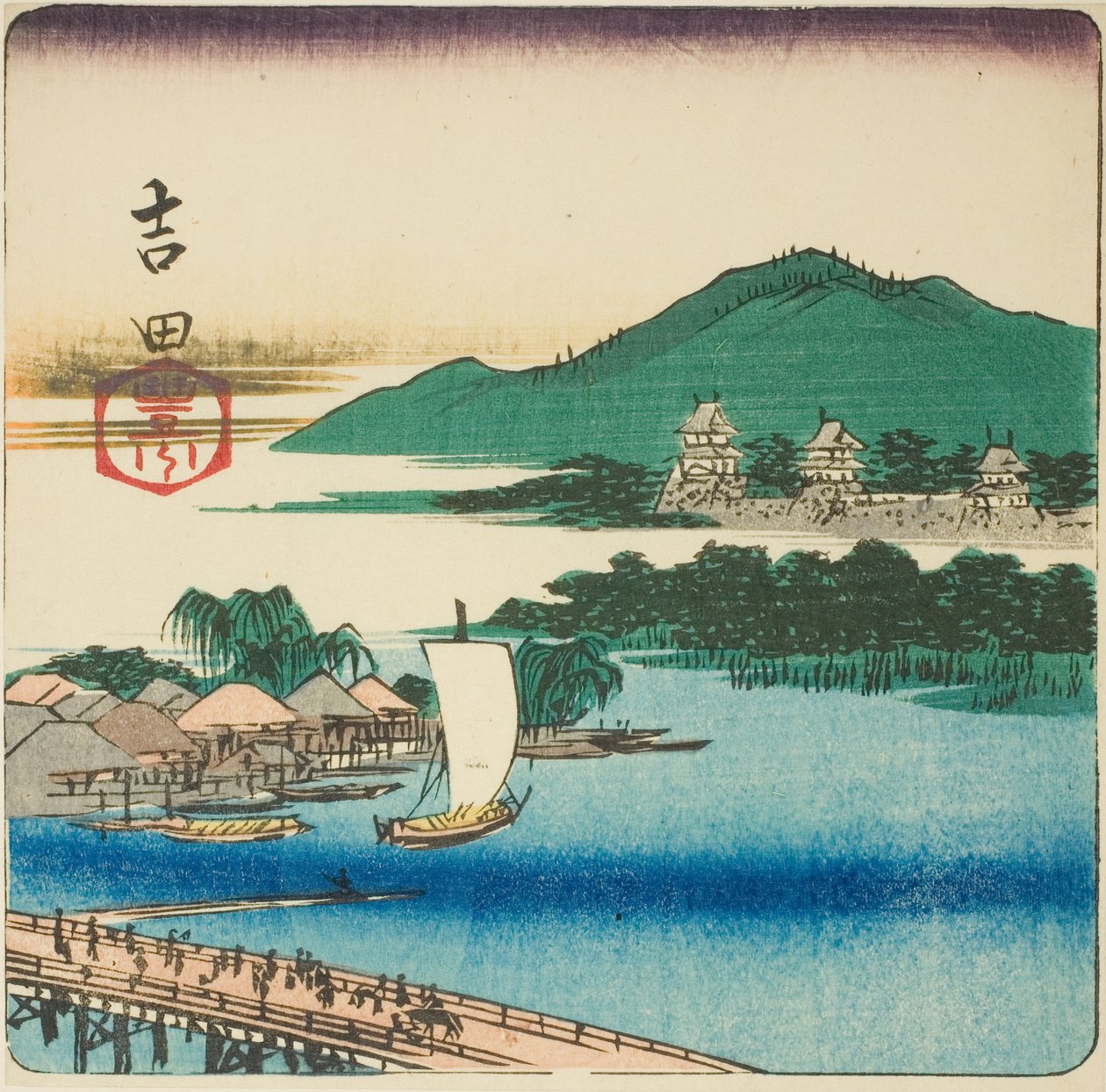 Toyo River vid Yoshida (Yoshida, Toyokawa), sektion av ett ark från serien "Cutouts of the Fifty-three Stations (Gojusan tsugi harimaze)" av Utagawa Hiroshige