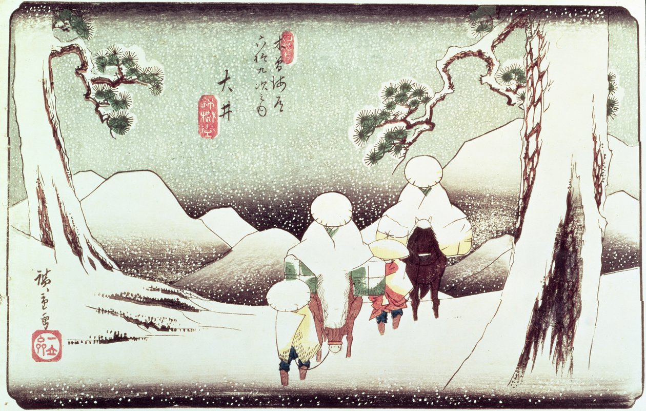 "Travellers in the Snow at Oi", från serien "69 Stations of Kisokaido", pub. sent 1830-tal, (obanstorlek, yoko-e - horisontellt format, färgträtryck) av Utagawa Hiroshige