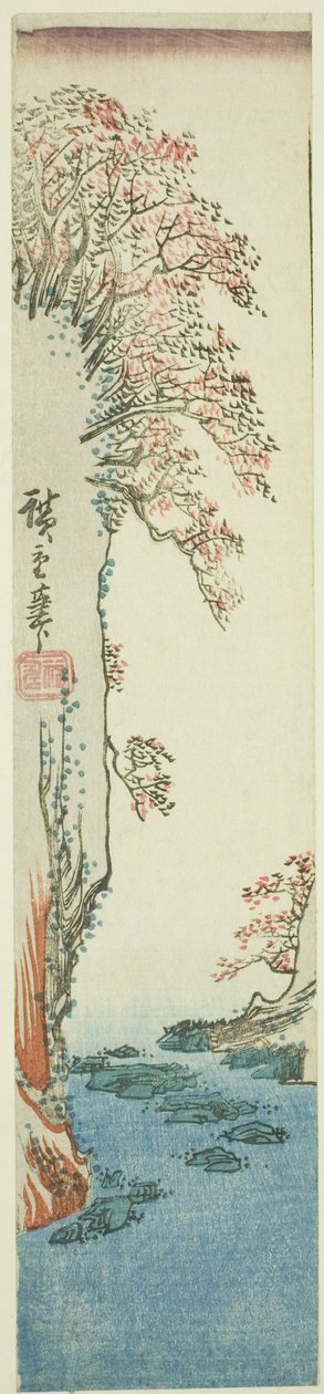 Träd på en klippa ovanför en flod av Utagawa Hiroshige
