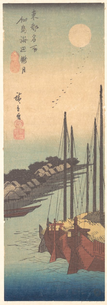 Tsukudajima Kaihin Rōgetsu av Utagawa Hiroshige