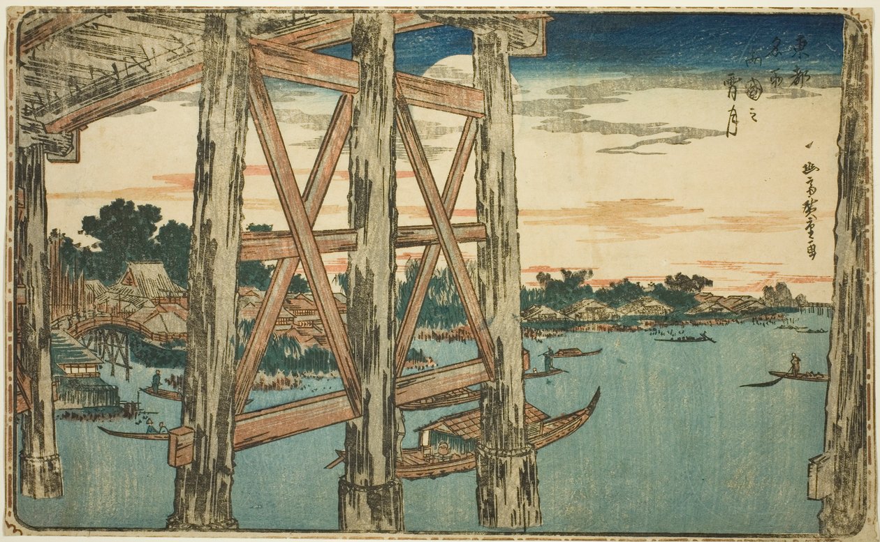 Twilight Moon at the Ryogoku Bridge (Ryogoku no yoizuki), från serien "Famous Views of the Eastern Capital (Toto Meisho)" av Utagawa Hiroshige