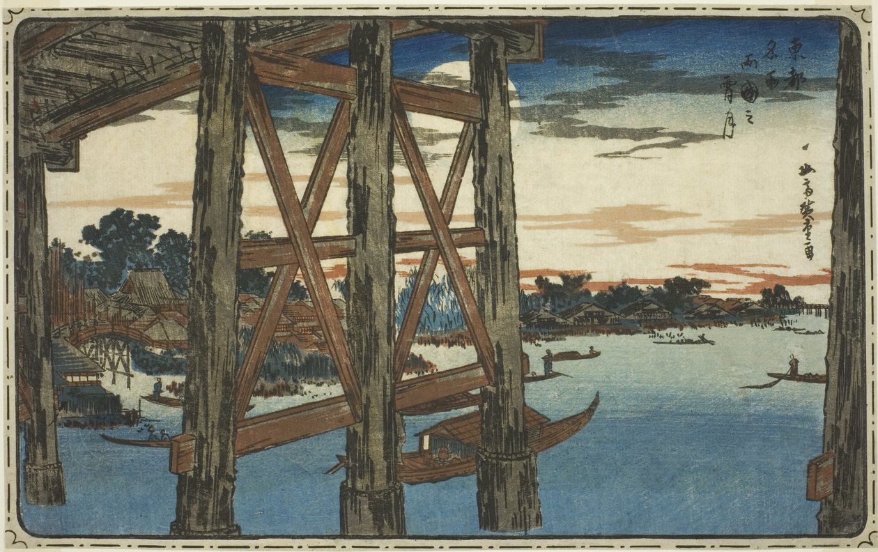 Twilight Moon at the Ryogoku Bridge (Ryogoku no yoizuki), från serien "Famous Views of the Eastern Capital (Toto meisho)" av Utagawa Hiroshige