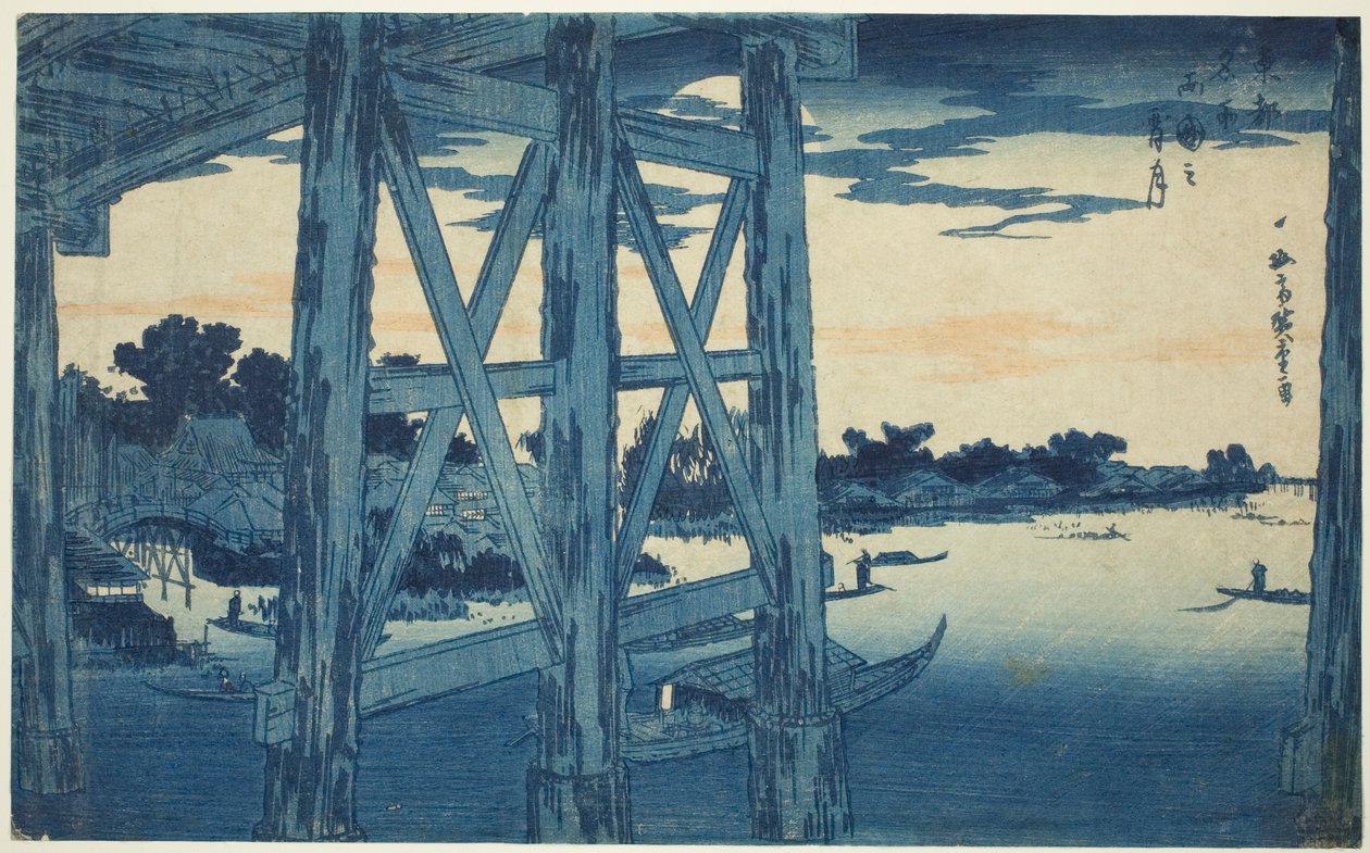 Twilight Moon at the Ryogoku Bridge (Ryogoku no yoizuki), från serien "Famous Views of the Eastern Capital (Toto meisho)" av Utagawa Hiroshige