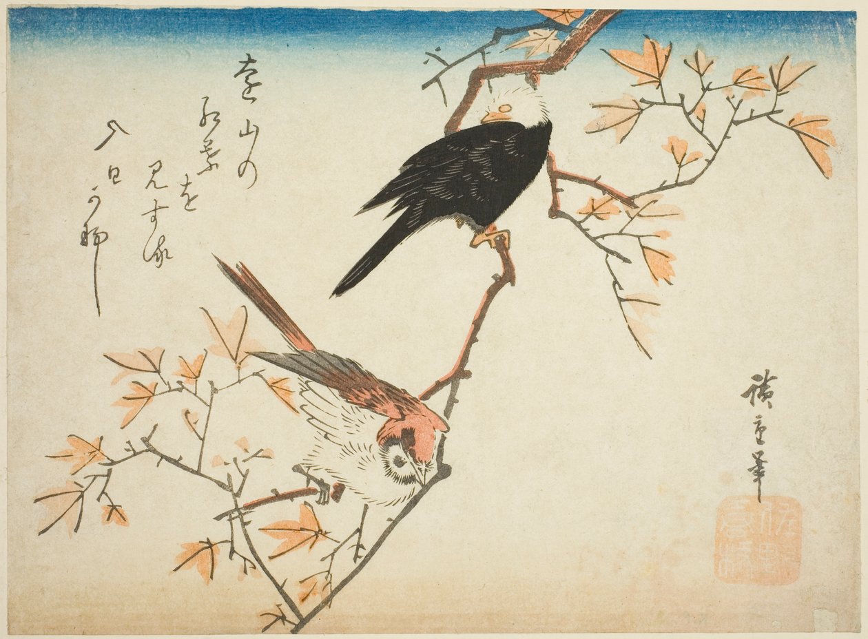 Två fåglar på lönngren av Utagawa Hiroshige