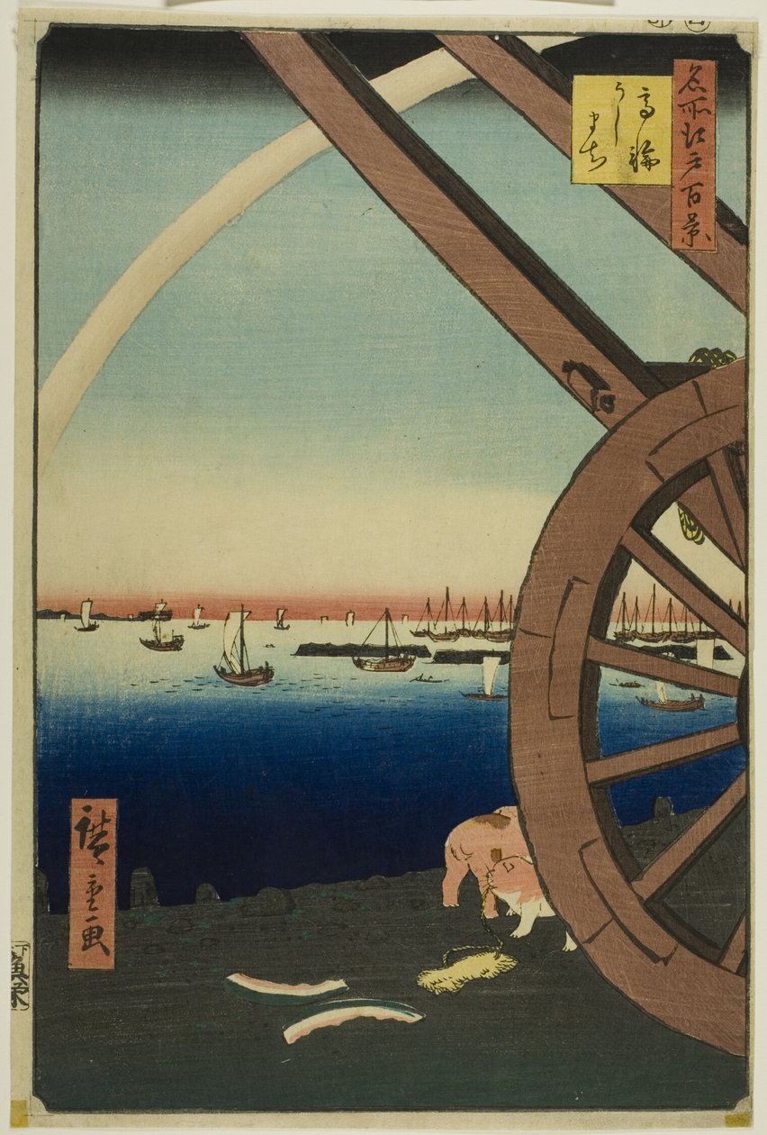 Ushimachi vid Takanawa (Takanawa Ushimachi), från serien "Hundra berömda vyer över Edo (Meisho Edo hyakkei)" av Utagawa Hiroshige