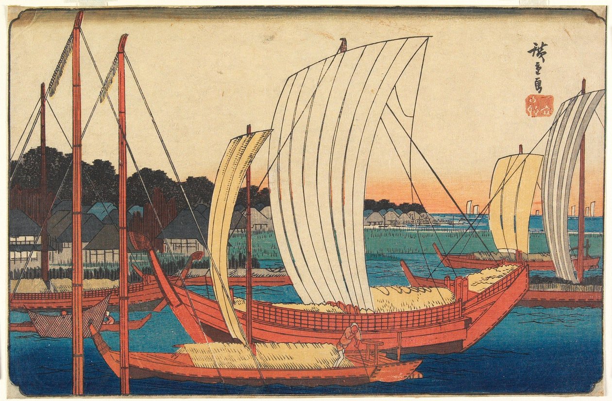 Vy över båtar som går in i hamnen vid Tsukudajima av Utagawa Hiroshige