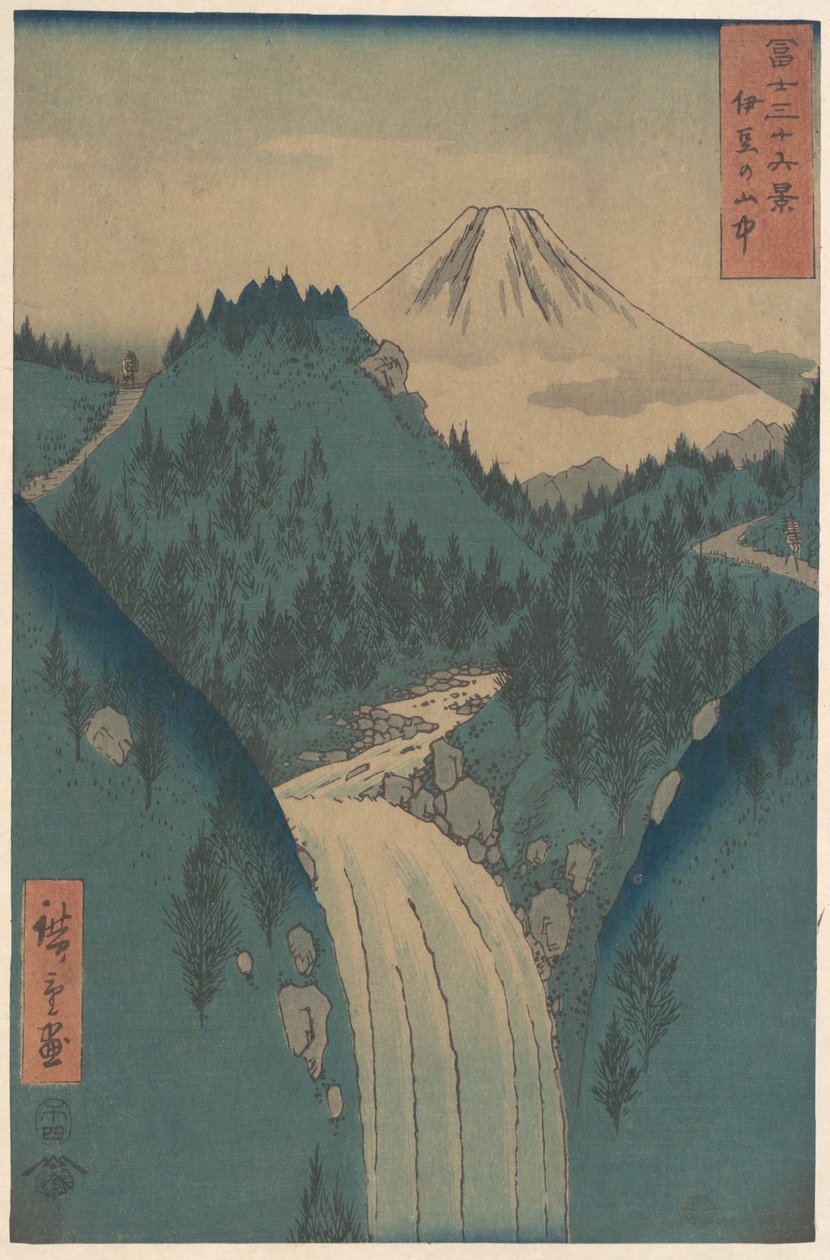 Utsikt över Fuji-san från bergen i provinsen Izu (Izu no Sanchu), ur serien ”De trettiosex vyerna av berget Fuji” (Fugaku sanjūrokkei) av Utagawa Hiroshige