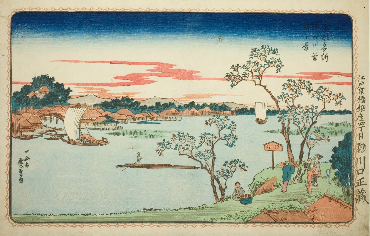 Utsikt över lummiga körsbärsträd längs floden Sumida (Sumidagawa hazakura no kei), från serien "Famous Views of the Eastern Capital (Toto Meisho)" av Utagawa Hiroshige