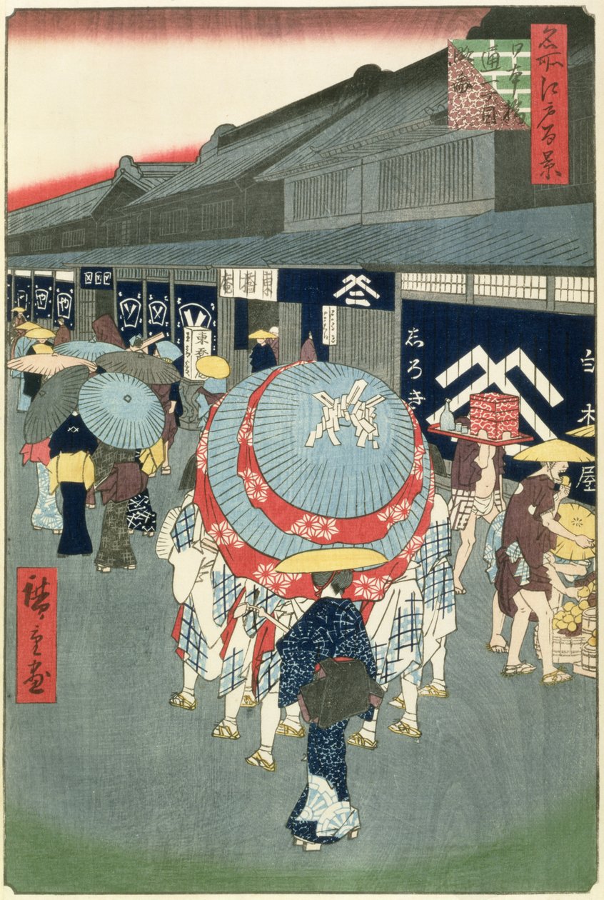 View of Nihonbashi Tori-itchome (Nihonbashi Tori-itchome Ryakuzu), tallrik 44 från One Hundred Views of Edo (träblock i färg) av Utagawa Hiroshige