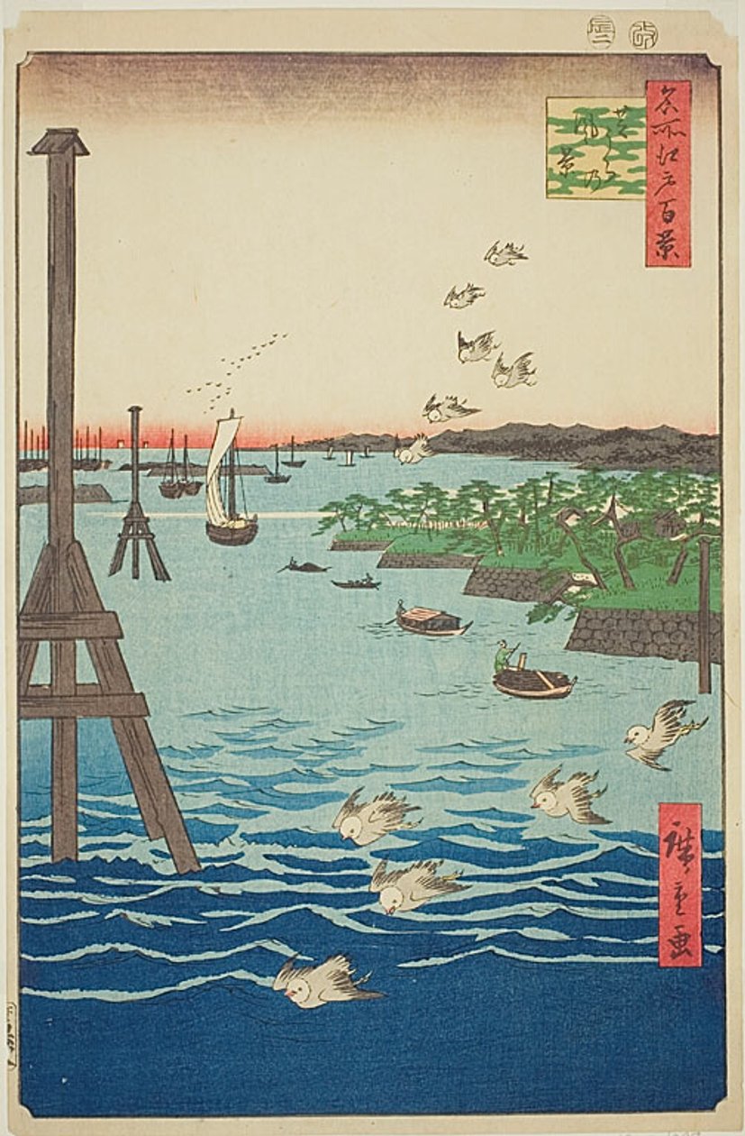 Vy över Shibakusten (Shibaura no kei), med ljus- och mörkblått vatten, nr 108 från serien Hundra berömda vyer över Edo (Meisho Edo hyakkei) av Utagawa Hiroshige