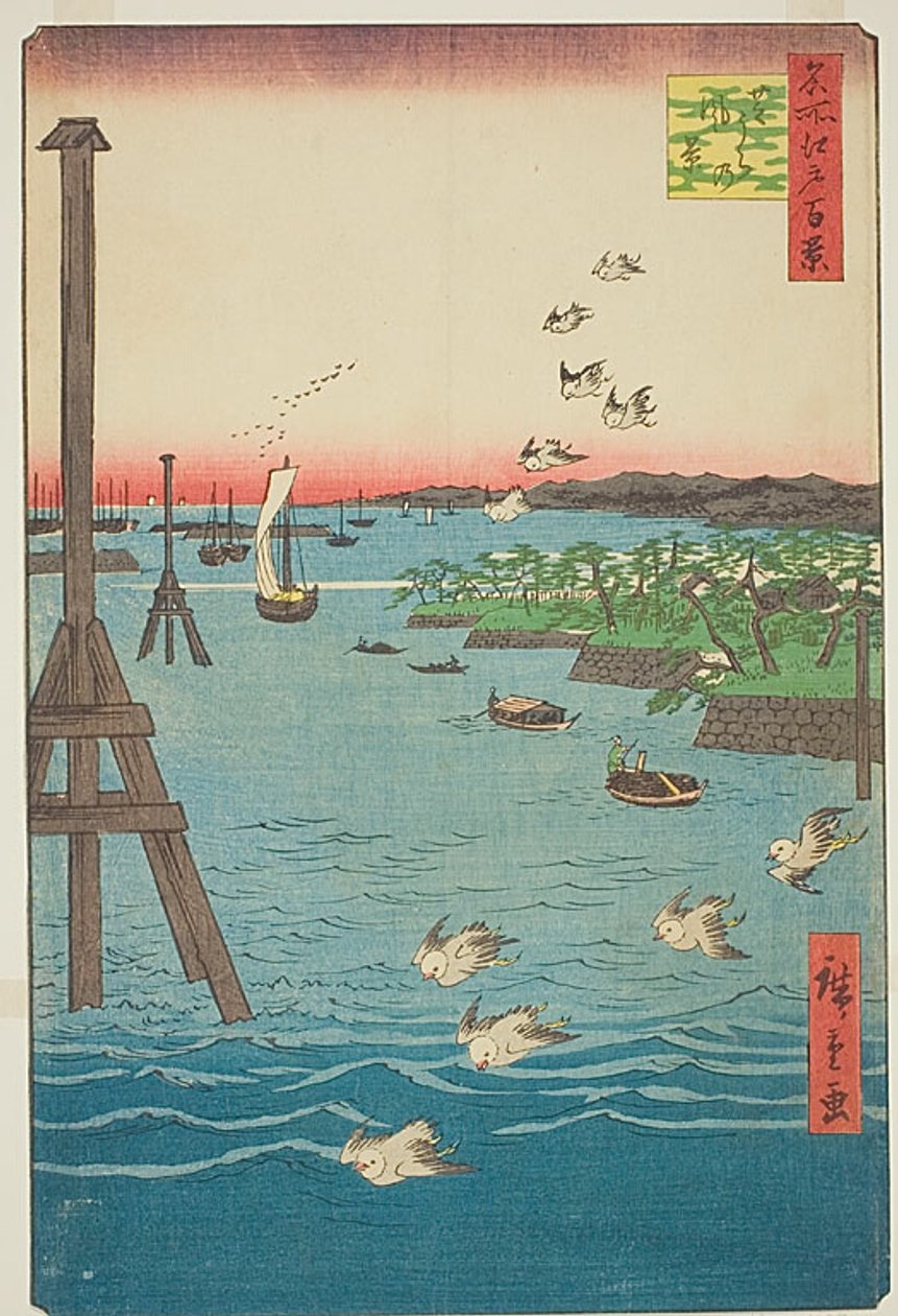 Vy över Shibakusten (Shibaura no kei), med nyanser av ljusblått vatten, nr 108 från serien Hundra berömda vyer över Edo (Meisho Edo hyakkei) av Utagawa Hiroshige