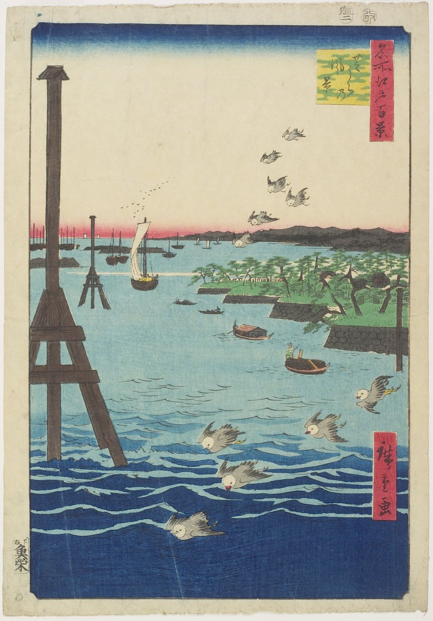 Utsikt över Shiba-kusten, februari 1856 av Utagawa Hiroshige