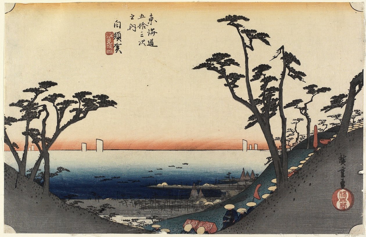 Vy över Shiomi S-pe, Shirasu, ca. 1833 av Utagawa Hiroshige