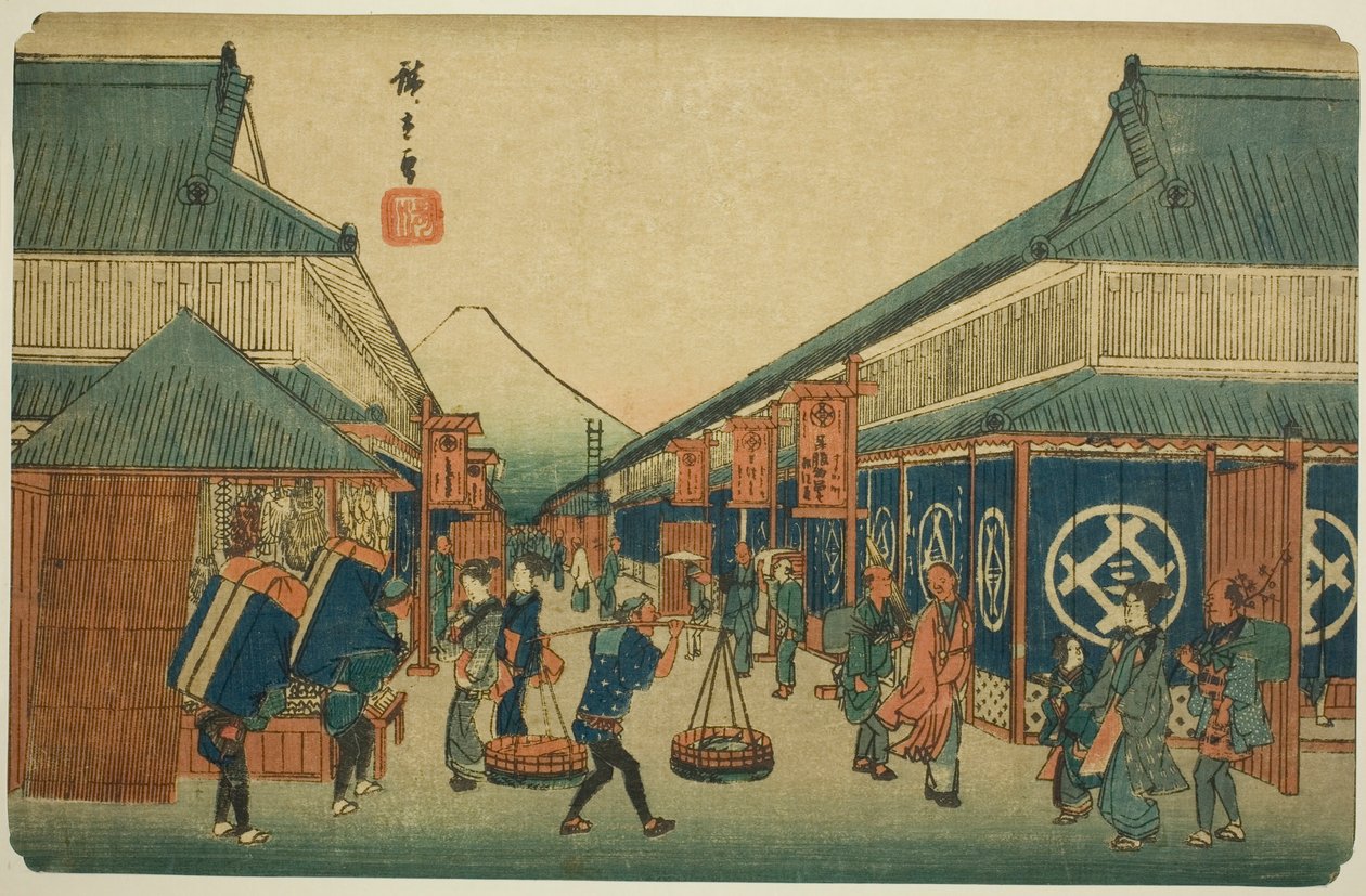 Vy över Suruga Cho (Suruga Cho no zu), från serien "Famous Places in the Eastern Capital (Toto meisho)" av Utagawa Hiroshige